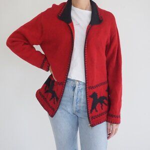 Vintage Cottage Cove Red Knit Zip Horse Western Equestrian Motif Cardigan M